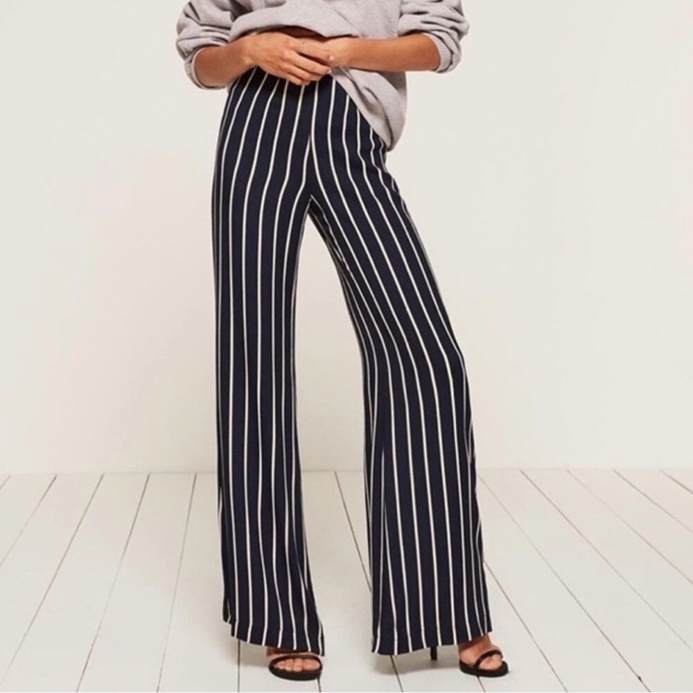 Reformation Sorrento Navy and White‎ Striped Wide Leg Pants